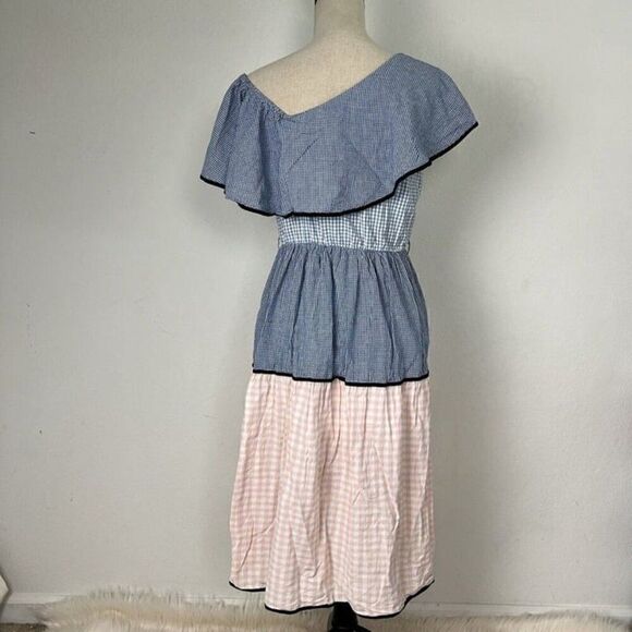 Hemant & Nandita Melantha Blue Pink Check Print One Shoulder Ruffle Dress Size M - Picture 3 of 11